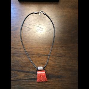 Vintage Silpada modern necklace, red stone and sterling silver on leather cord